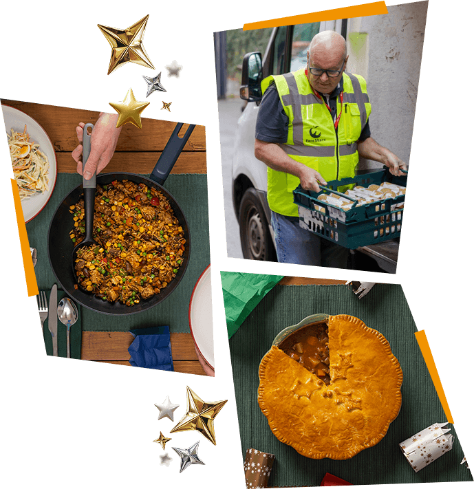 Composite of two freshly made festive meals and a delivery driver carrying a crate of food